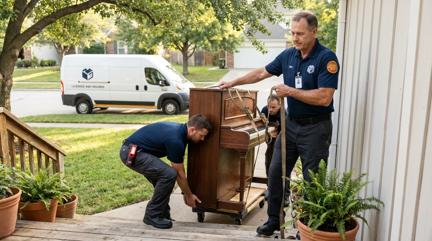 Licensed piano movers securing grand piano in Skippack, PA